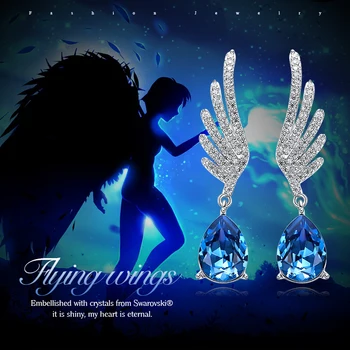 Cdyle Striebro 925 Jemné Šperky Anjel Krídla Visieť Náušnice s Modrým Anjelom Slza Crystal pre Svadobné Svadobné Ucho Príslušenstvo