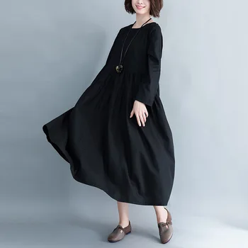 Johnature 2021 Jeseň Ženy kórejský Voľné Šaty Nové jednofarebné O-krku Plný Slleve Ženské Šaty