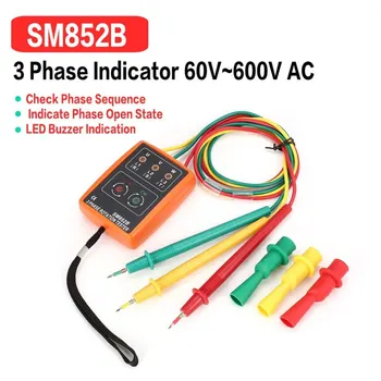 SM852B 3 Fáze Otáčania Tester Digitálny Indikátor Fázy Detektor LED Bzučiak Sled fáz Merač Napätia Tester 60V~600V AC
