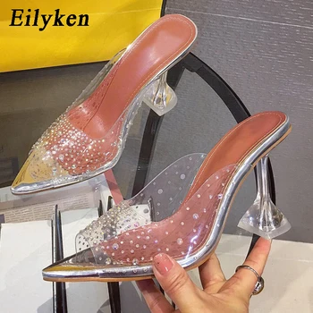 Eilyken Nové Bling Diamond Transparentné PVC Ukázal Prst Papuče Ženy Módne Sandále Jasné Krištáľový Pohár Päty Svadobné Party Topánky