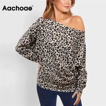 Aachoae T Shirt Ženy 2020 Jeseň Sexy Mimo Ramenný Leopard Tričko Snkae Tlač Batwing Rukáv Top Voľné Bežné Kvetinový Tuniku