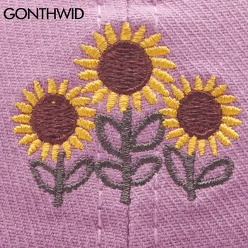 GONTHWID Embroideried Slnečnice Nastaviteľné šiltovky Harajuku Módne Bežné jednofarebné Bavlnené Zakrivené Slnečná Clona Klobúky Mužov