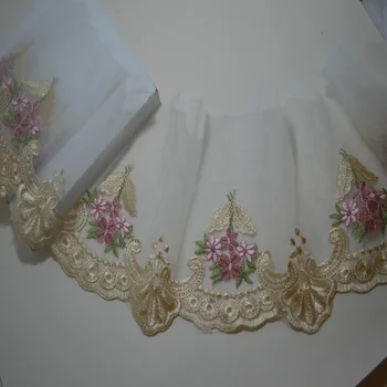 2yds 18 cm Transparentné gázy svetlo zlato hrana ružová kvetinová Výšivka DIY čipky výbava pre odevy a svadobné dekorácie