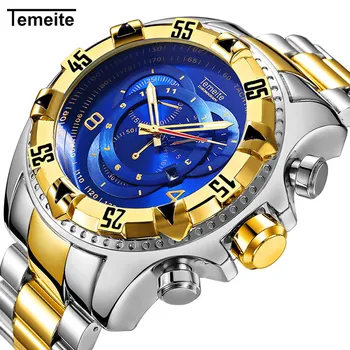TEMEITE Top Značky Luxusných Obchodných Sledovať Mužov Quartz Hodiny Nerezová Oceľ Remienok Kalendár Modrá Dial Nadrozmerná Vojenské Náramkové hodinky