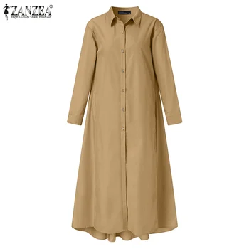Jeseň Stiching Tričko Šaty Žien ZANZEA 2021 Dámy Vintage Maxi Vestidos Bežné Pevné Dlhý Rukáv Klope Sundress Nadrozmerná 5XL