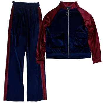 Športové oblek na jar a na jeseň bežné žien modrý oblek velvet vyhovovali strane prúžok dvojité vrecko na zips, bunda a elastické nohavice