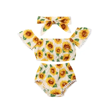 Novorodenca Dievča 0-18 M Oblečenie Summer Sunflower Tlač Krátky Rukáv Strapec Plodín Topy Krátke Nohavice hlavový most 3ks Oblečenia Sunsuit
