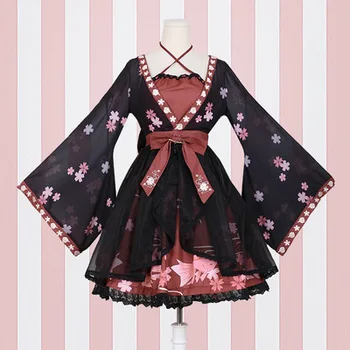 Čínsky štýl vintage sladké lolita šaty obväz výšivky roztomilý tlač falošné dva kusy viktoriánskej šaty kawaii dievča op cosplay