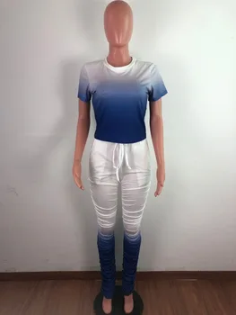 Ženy Skladaný Joggers Nastaviť Módne Gradient Farba Krátke Rukáv V Krku T-shirt + Dlhé Skladaný Legíny Príležitostné Športové Tepláky