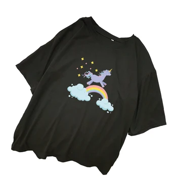 Nové dámske tričko Lete Krátky Rukáv O-krku Bežné Tee Topy Žena Streetwear Harajuku Kawaii Jednorožec Vytlačené T Tričko Oblečenie