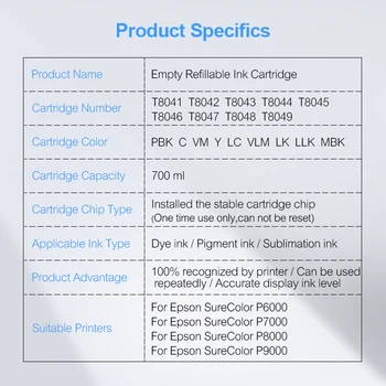 9Colors/Set T8041 T8041-T8049 Prázdne Naplniteľné Atramentom Cartridge Pre Epson SureColor P6000 P7000 P8000 P9000 Tlačiareň 700ML/PC