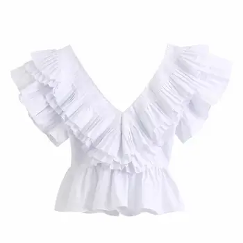 Ženy, pevné v krku skladaný volánikmi bežné biele halena, blúzky, dámske elegantné motýľ rukáv popelín femininas tričko topy LS6380