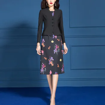 Ženy Elegantné Obleky Office Dámy Formálne Práca Business Nosenie Slim Sako Bunda Plus Veľkosť Koleno Dĺžke Kvetinové Šaty Dve Dielna Sada