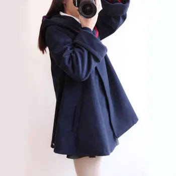 Woherb Japonský Harajuku Zimný Kabát Ženy Hrubé Voľné Plášť S Kapucňou 2020 Outwear Vlnené Kabáty Dámy Cape Femme 20408
