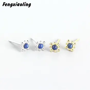 Fengxiaoling 2020 Módne Luxusné 925 Sterling Silver Malé Lapis Stud Earing Náušnice Pre Ženy Vianočný Darček Kórejský Šperky