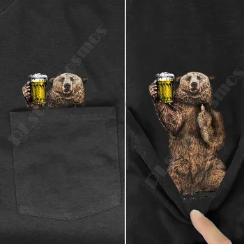 Hippie Pocket Tee T Košele lete Rybárske Medveď vytlačené t-shirt mužov pre ženy topy čierna bavlna vtipné Krátke rukáv drop shipping