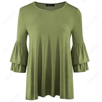 Jeseň Ženy Móda Bežné Elegantné Rufffle Rukáv T Shirt jednofarebné O Krk Topy ET056