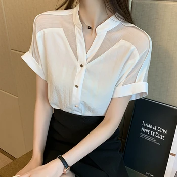 Letné tvaru Biele Tričko Ženy Šifón Oblečenie Pevné Krátky Rukáv Oka Topy Blusas Mujer De Moda 2021 Office Lady Blúzka 9635