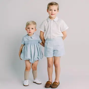 Batoľa španielsky Oblečenie Sady Baby Boy Boutique Oblečenie, Detská Smocked Vyhovuje Brata Oblečenie Novorodenca Biele Tričko + krátke Nohavice Oblek