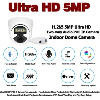 Onvif HD 5mp POE IP Kamera Dome Interiérová CCTV kamerový Systém Krytý obojsmerné Audio Smart Home Security Kamera POE XMEYE