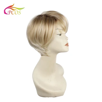 Krátky Rovný Syntetické Temné korene blond parochne pre čierne ženy Vlasy Fleeciness Reálne Prírodné Blond Toupee Parochne