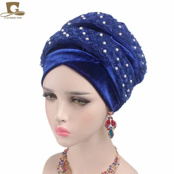 Nový Ženy Nádherný korálkový 3D kvet Dlhý Velvet Turban Hidžáb Šatku Luxusné Hlavou Zábaly Turbante