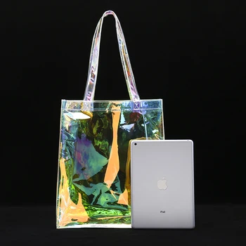 Jasné, Holografické PVC tote bag Dúhové Premium Lesk Rainbow Beach bag Propagačné nákupní taška