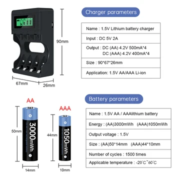 AJNWNM 1,5 V AAA Lítiová Nabíjateľná Batéria 1050mWh + AA Nabíjateľné Batérie 1,5 v 3000mWh Batérie AA +Nabíjačka pre 1,5 v AA AAA
