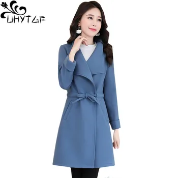 UHYTGF Bežné jar jeseň vlnené kabát ženy móda klope čipky Štíhla žena bunda elegantné tenké vrstvy 3XL plus veľkosť top 1403
