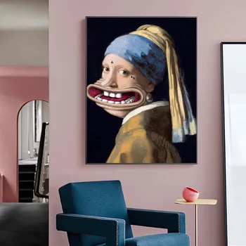 Maliarske plátno Veľké Ústa Dievča s Pearl Náušnice Legrační Zviera Umenie Plagáty a Vytlačí na Stenu Obrázok pre Obývacej Miestnosti Dekorácie