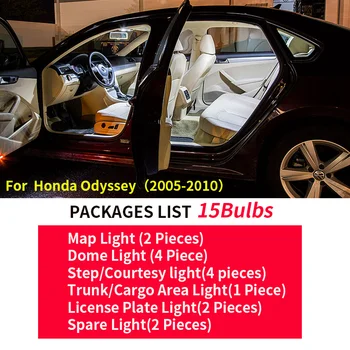 15pcs Biele Auto Interiérové LED Žiarovky Držiak Pre 2005-2010 Honda Odyssey Canbus Led Mapu Dome batožinového priestoru špz Svetlo Lampy