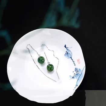 925 sterling silver earings jade náušnice pre ženy šperky Vintage Hetian Jade Okrúhle Korálky v Zelenej Reťazca