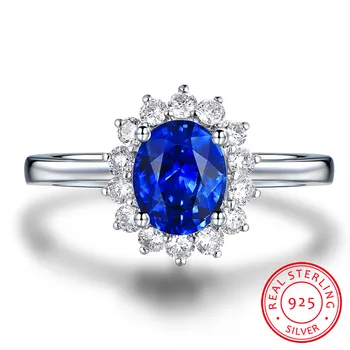 Luxusné Žena Solitaire Blue Sapphire Kamenný Kruh Reálne 925 Sterling Silver Prstene Pre Ženy Veľké Oválne Zásnubný Prsteň