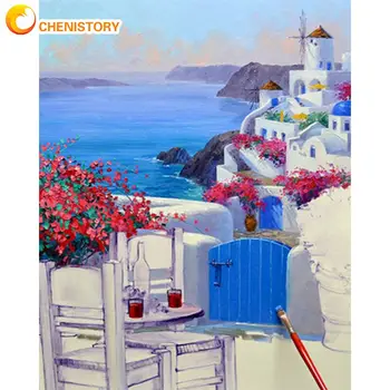 CHENISTORY Maľovanie Podľa Čísel Pre Dospelých Santorini Krajiny Olejové Farby Handpainted Akrylová Farba Kreslenie, Maľovanky Na Plátne Gi