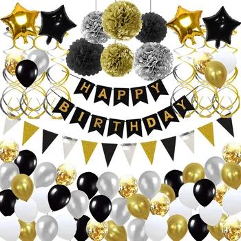 Narodeninové Balóny, Dekorácie Gold a Black Happy Birthday Banner Visí Swirls Party Decor