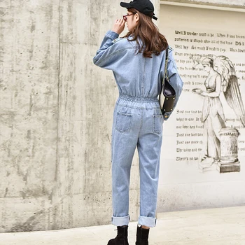 Streetwear Módy Džínsy Jumpsuit Pre Ženy Voľné Vintage Dámy Džínsové Nohavice Elastický Pás Dlhý Rukáv, Modrá Romper Nohavice