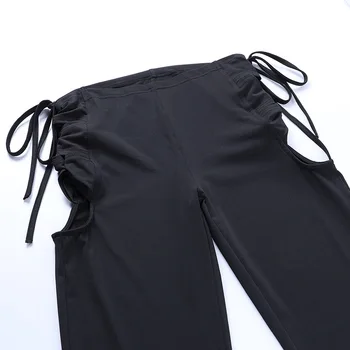 Viifaa Vystrihnúť Čipky Strane Sexy Ženy, Čierne Úzke Nohavice 2021 Oblečenie Polovice Pás Streetwear Tvárny Slim Nohavice