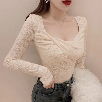 Tričko ženy Lete kórejský Sexy tvaru Topy Elegantnej Čipky žena T-shirt Long Sleeve tričko Dámske Tričko Biele Topy