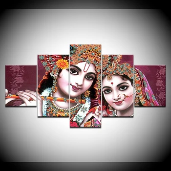 HD Vytlačené Obrázky Na Obývacia Izba Plátno na Stenu Umenie Rám 5 Kus India Boh Radha Krishna Maľovanie Domova Plagáty, umelecké Diela