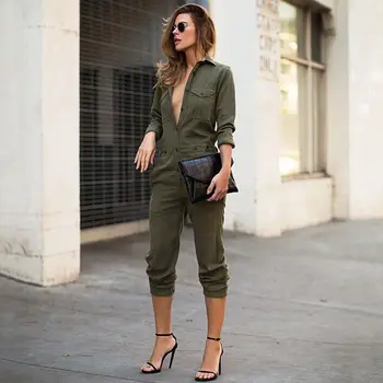 Jeseň Cool Fashion Ženy Plus Jeans Denim Obyčajný Armády Zelené Tlačidlo Pevné Trakmi Jumpsuit Náprsníkové Nohavice Dungarees Širokú Nohu Nohavice