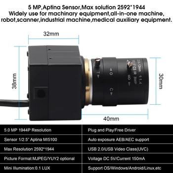 2592X1944 5MP Aptina MI5100 CS mount 2.8-12mm varifokálny USB kameru, Android, Linux, Windows, Mac UVC usb kamera pre 3D tlačiarne