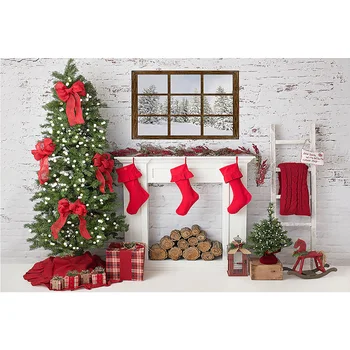 Fotografie Vianočné Okno Pozadie Krb Vianočný Strom Červená Ponožka Pozadí Photocall Biela Tehlovej Steny Snehu Lesa Fotenie