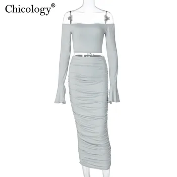 Chicology svetlice dlhý rukáv mimo ramenný backless 2 kus dvoch súbor orezať začiatok sukne 2020 zimné sexy oblečenie, ženy jeseň oblečenie
