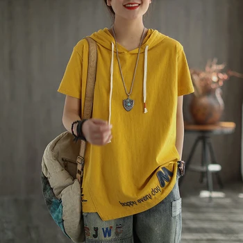 2020 Nové Letné Kórea Módne Ženy Krátky Rukáv Bežné tričko Bavlna Voľné Kapucňou Tee Tričko Femme Topy Plus Veľkosť S291