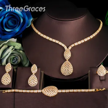 ThreeGraces Luxusná Zlatá Farba Dubaj Svadobné Svadobné Šperky Cubic Zirconia Veľký Pokles Náhrdelníky Náušnice, Náramok, Prsteň Súpravy TZ509