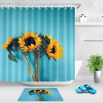 Kvitne Žlté Slnečnice Zelenej Listovej Modrá Sprchové Závesy Kúpeľňa Opony Nepremokavé Polyesterové Tkaniny pre Vaňou Domova