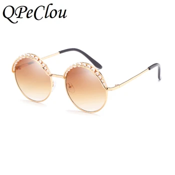 QPeClou Vintage Okrúhle Slnečné Okuliare Ženy 2019 Luxusné Značky Dizajnér Perly Slnečné Okuliare Žena Zrkadlo Okuliare Oculos Gafas