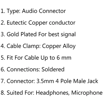 Areyourshop Audio Konektor 3,5 mm Stereo 4 Pól Pravý Uhol Male Jack Konektor Audio Spájkovanie Kábel 1PC