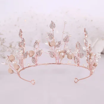 Rose Gold Kráľovná Tiaras A Koruny, Perly Crystal Diadem S Náušnice Pre Ženy, Vlasy, Šperky Princezná Svadobné Svadobné Doplnky