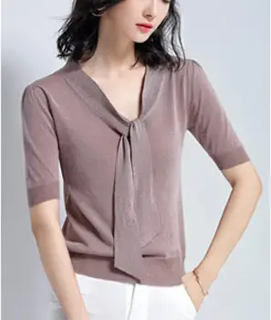 Ženy Zrastov tričko Romantický Luk tvaru Krátky Rukáv dámske Top High-elastické Wild tričko Krátky odsek jar žena Elegantné tričko